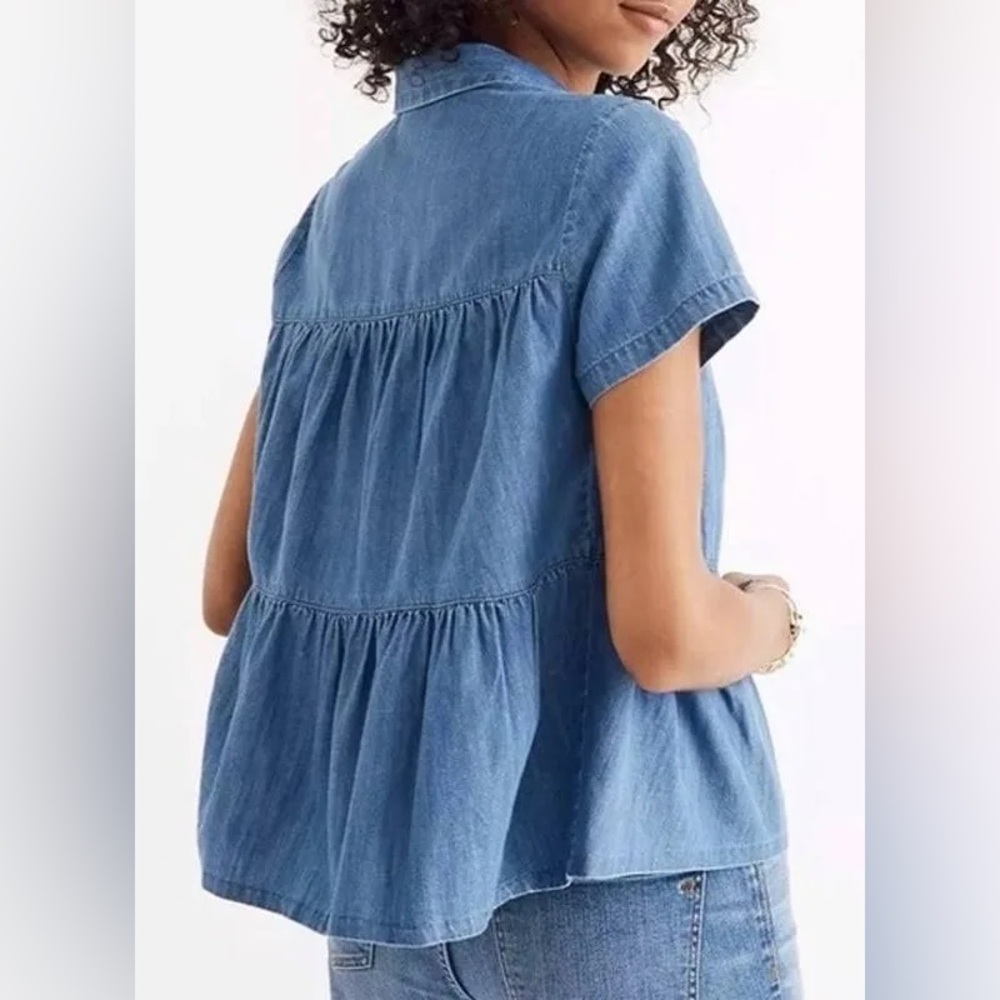 Madewell Denim Seamed Button Down Shirt Tiered Chambray Babydoll Ruffle Top Sz S - Picture 2 of 7